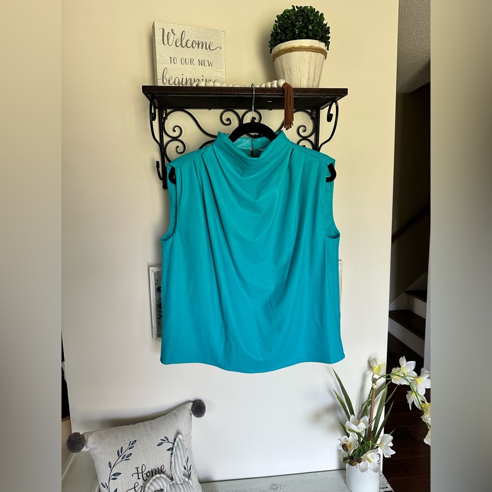 Amanda Uprichard Turquoise Sleeveless Mock Neck Faux Leather Top